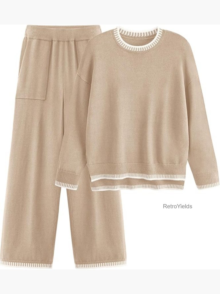 2 Piece Knit Sweater Set: Long Sleeve Pullover + Wide Leg Pants Tracksuit
